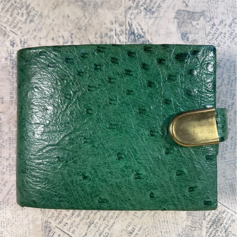 Vintage Green Genuine Ostrich Leather Bifold Wallet IRMSTAN